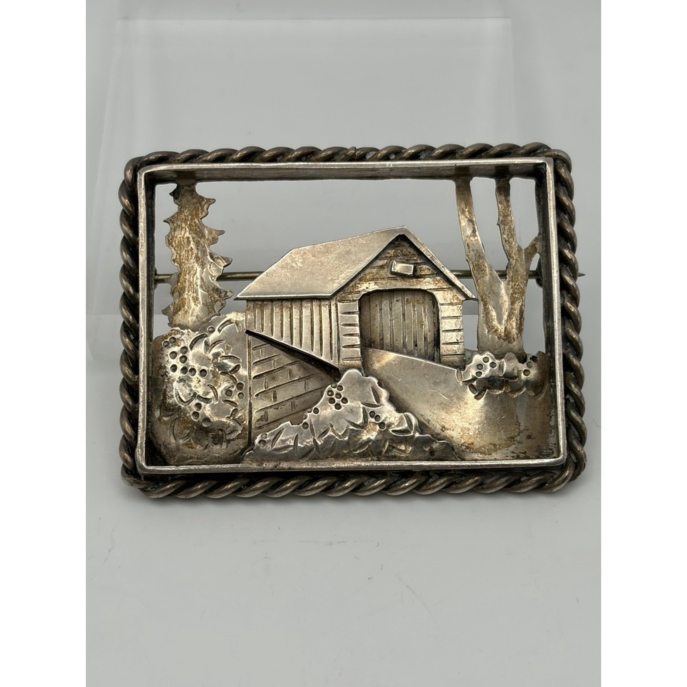 VTG Covered Wooden Bridge 3D Country Brooch Sterling Silver Art Fred Dodson 925